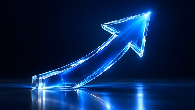 Glowing blue glass arrow pointing upwards symbolizing growth success and positive progress in a dark abstract background with reflections.