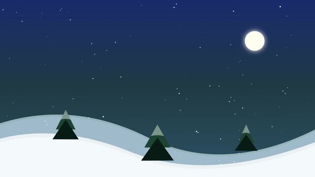 Minimalist Winter Night Landscape Illustration with Full Moon Stars and Pine Trees on Snowy Hills