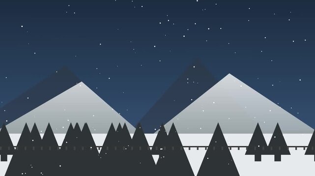 2D Flat Animation of a Vintage Steam Locomotive Traveling Through Snowy Mountain Landscape at Night