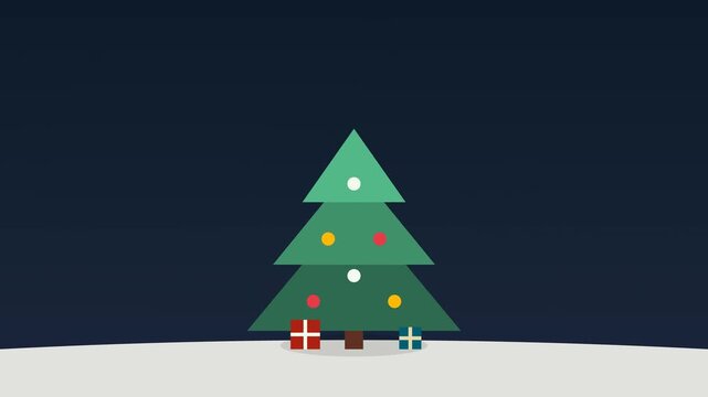 Minimalist Flat Design Christmas Tree Animation with Ornaments Star and Gifts in Snowy Night Scenery