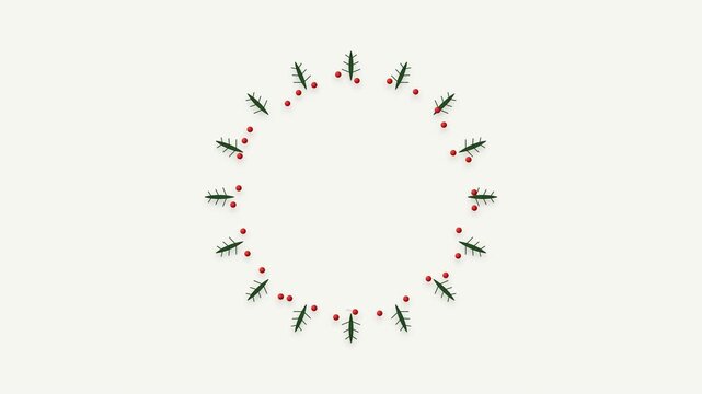 Minimalist Christmas Wreath Animation with Pine Branches Red Berries and Gold Stars on White