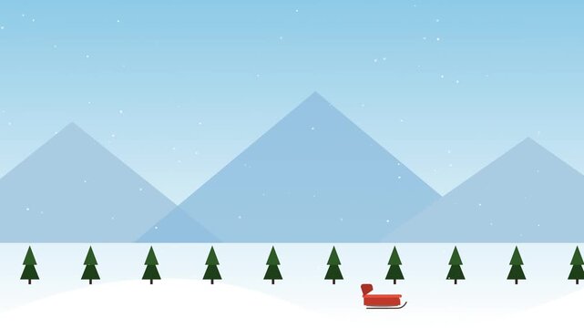 Minimalist 2D Flat Animation of Red Sleigh Sliding Across Snowy Winter Landscape with Mountains