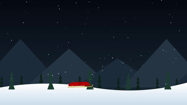 Minimalist 2D animation of Santa Claus red sleigh moving through a snowy mountain landscape at night