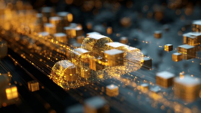 Cloud Computing Data Security, a visual of vital corporate data (represented by glowing gold cubes) being instantly retracted or blocked by a digital barrier before it can exit the cloud perimeter. 