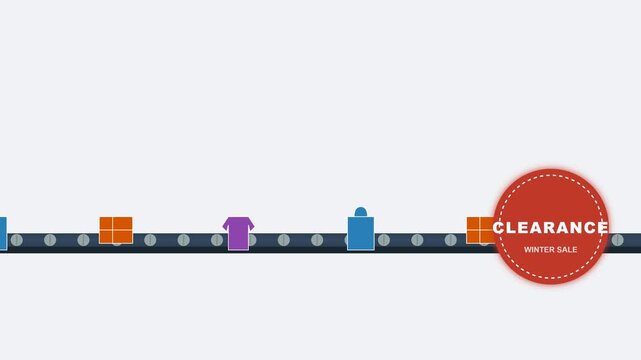 Winter Clearance Sale Animation Featuring Packages and Clothing on a Conveyor Belt with Red Stamp