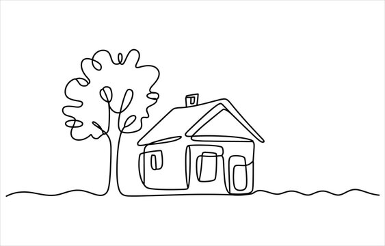 Minimalist continuous line drawing of a simple house and a tree