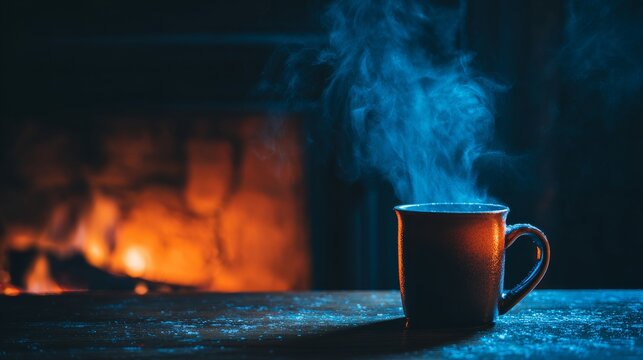 A steaming mug of coffee next to a crackling fireplace, highlighting the warmth against a cold setting. Orange and blue contrast. 