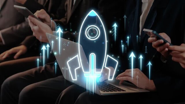 Business professionals using technology with a futuristic rocket concept symbolizing innovation, growth, and success in a meeting environment Sigmoid