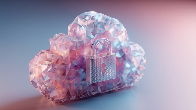 Cloud Computing Data Security, a low-poly 3D render of a cloud icon encased in a transparent, unbreakable data vault, with geometric security protocols visualized as rotating polygons. 