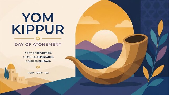 Yom Kippur flat vector greeting card design featuring a traditional shofar horn, scenic mountain view, and Jerusalem cityscape elements on a geometric blue and beige background, perfect for Day of Ato