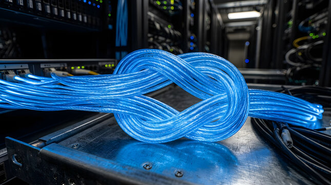Glowing blue fiber optic cables tied in a knot inside a server room, symbolizing secure data connection and network complexity