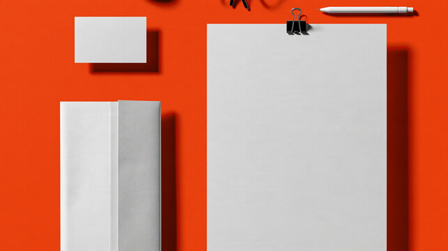 Blank Stationery Set on Orange Background: A collection of clean, white stationery items including a business card, folded card, and a large sheet of paper are arranged on a vibrant orange background.