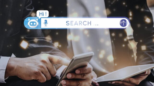 People interacting with a mobile device, exploring search features, technology and communication in a modern digital setting with glowing accents. Entropy.