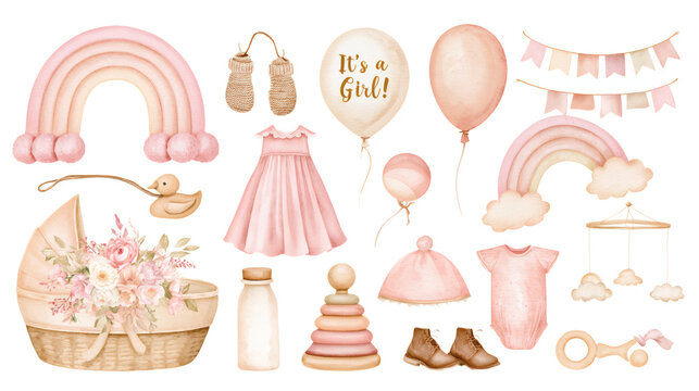 Watercolor baby girl clipart set with rainbow, clothes, stroller, bottle, toys, flowers and nursery decor in soft blush pink and beige.