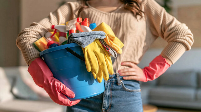 Ready for Spring Cleaning: A person holds a bucket filled with cleaning supplies, wearing rubber gloves, prepared to tackle household chores with determination and a touch of style.