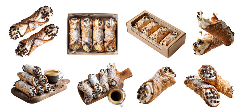 Set of crispy fried shell traditional Italian cannolo Cannoli with sweet cheese cream filling, serving board with coffee, takeout gift box, stack pile broken bite, transparent cutout PNG Mockup