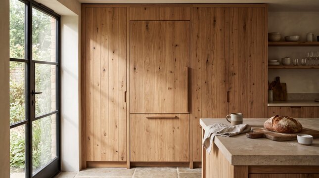 Concealed Integrated Refrigerator Blending with Natural Wood Kitchen Cabinetry in Morning Sunlight