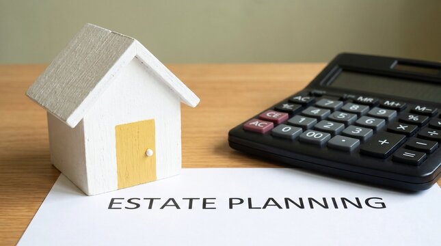 Estate planning concept with miniature house model, calculator, and text on document