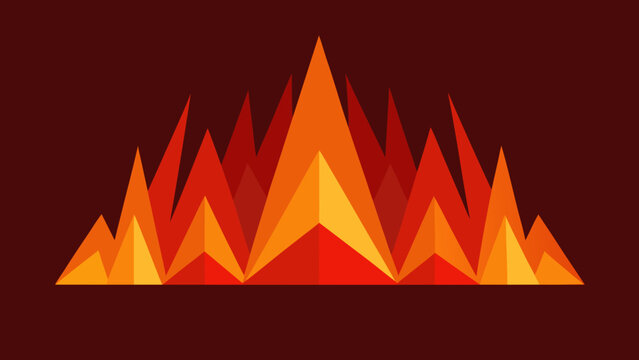 Low poly geometric vector illustration of fiery orange and yellow flames against a dark maroon background, forming a stylized burning campfire or bonfire emblem with sharp angular facets.