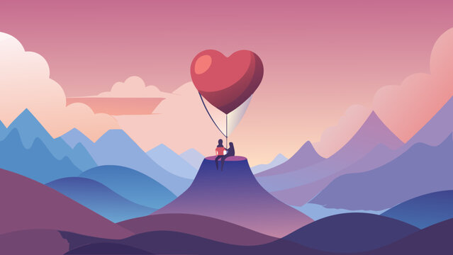 Vector illustration of a couple sitting together on a mountain peak tied to a large red heart balloon floating over a scenic mountain landscape during a soft pink and purple sunset sky.