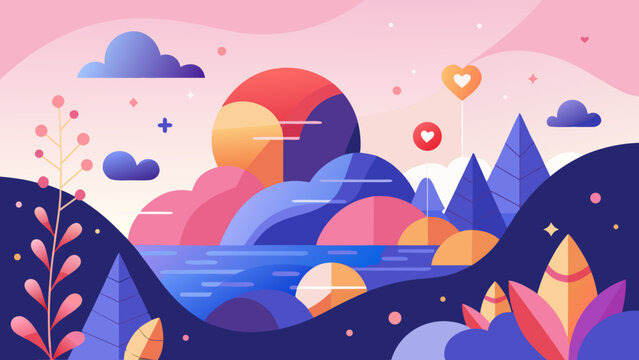 Colorful abstract landscape vector illustration featuring geometric rolling hills, a glowing sun, a calm body of water, stylized trees, clouds, and heart-shaped balloons in pink and purple.