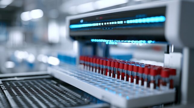 Modern laboratory equipment with rows of blood sample tubes under blue illuminated hinery