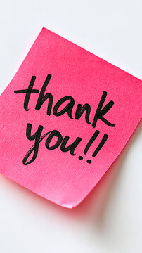 Thank You Note: A bright pink sticky note with thank you!! handwritten in bold black ink, conveys a simple yet heartfelt message of gratitude.