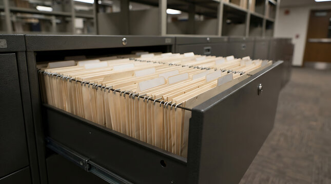 Rows of hanging manila folders organized inside an open metal filing cabinet drawer in a professional archive room