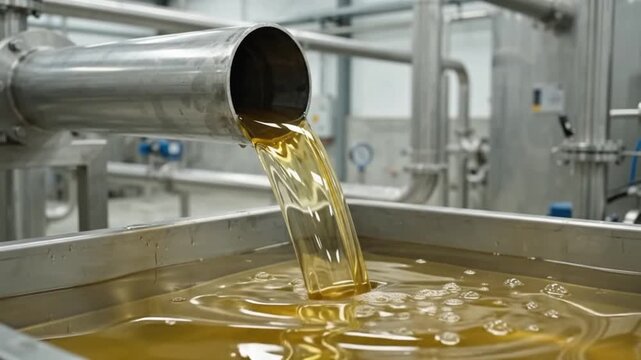 Industrial Palm Oil Production with Golden Oil Flowing Through Pipe 4K