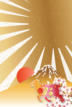 金色の富士山と朝日と桜の和風デザイン