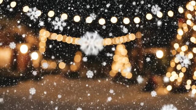 Magical Christmas lights bokeh background, winter snowfall night scene, warm golden holiday string lights backdrop