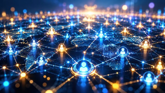 A digital network of interconnected user icons glowing in blue and orange, symbolizing online communication and social connectivity.