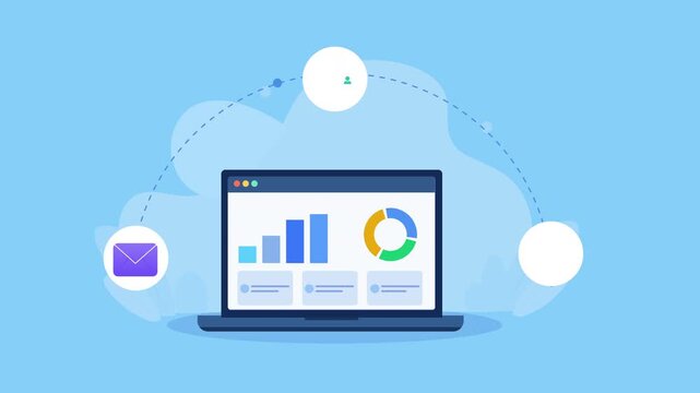 Flat vector animation showing cloud business analytics on a laptop with charts, customer data, email, calendar, and collaboration icons on a blue background.