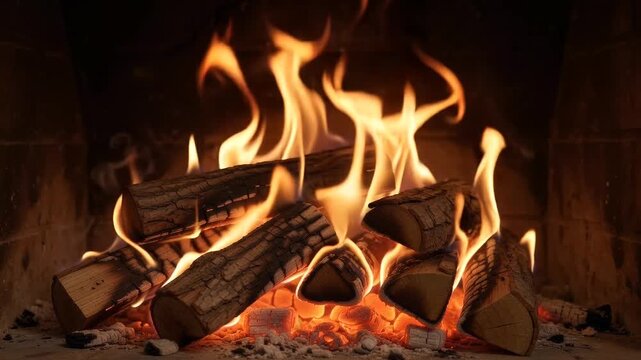 Cozy fireplace flames burning wooden logs, warm glowing hearth fire in stone hearth, relaxing indoor winter ambiance