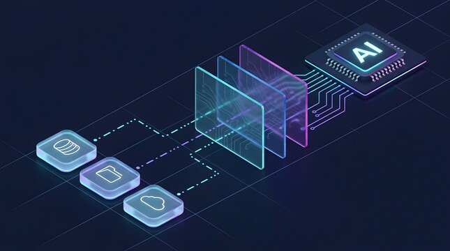 Machine learning data classification infrastructure showing AI processor filtering information through translucent digital layers to servers