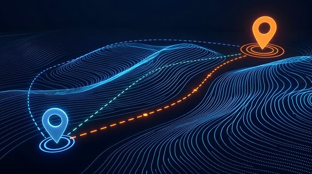 Digital geographic navigation map showing glowing location pins and connecting digital route for modern logistics tracking concept