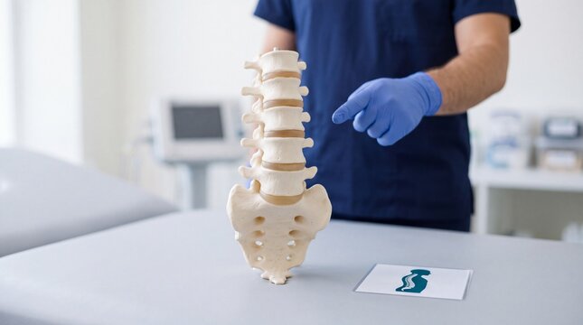 Medical professional pointing at a human lumbar spine model on a table in a clinical examination room