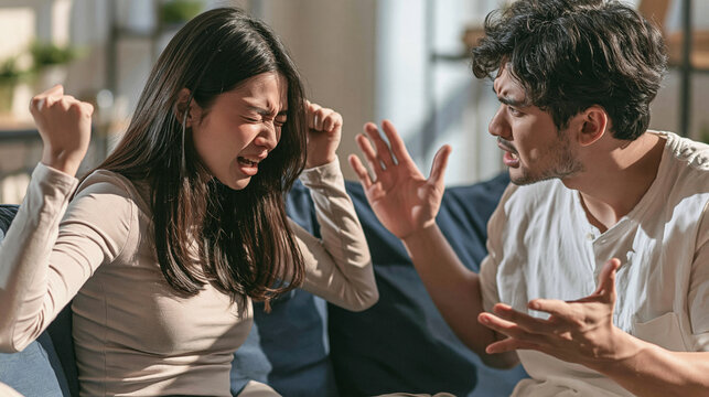 Conflict and Discord: A distressed woman shouts and gesticulates with frustration while a man calmly explains his point of view, illustrating a heated argument in a domestic setting.