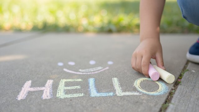 Colorful Chalk Drawing of the Word Hello on Outdoor Surface