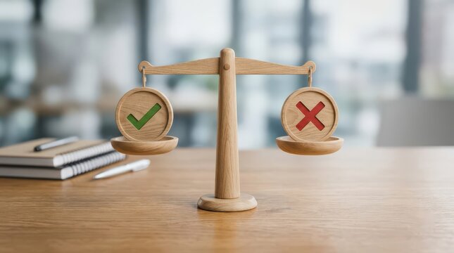 Wooden scales display a checkmark versus a crossmark, symbolizing ethical choices, decision-making, weighing pros and cons for justice.