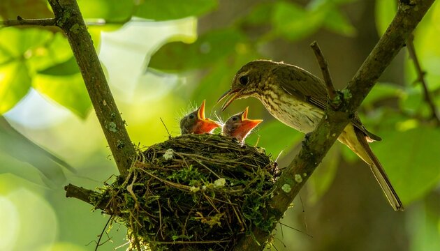 Adult bird feeding hungry chicks in a nest on a tree branch
