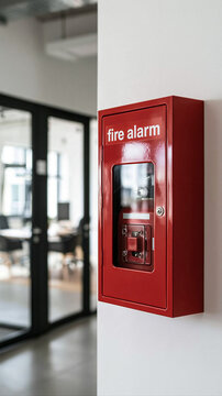 Red Fire Alarm Box Mounted on Wall: A bright red fire alarm box with a glass window is mounted on a clean white wall, ready for use in an emergency.