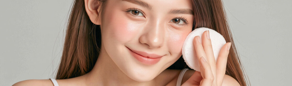 Glow Up: A young woman with flawless skin and rosy cheeks applies a makeup puff to her face, radiating natural beauty and confidence.