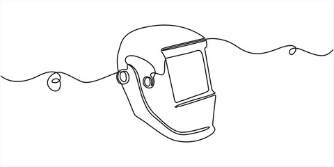 Obraz premium Continuous one line of a welding mask, industrial eye and face protection theme, hand drawn vector illustration. 