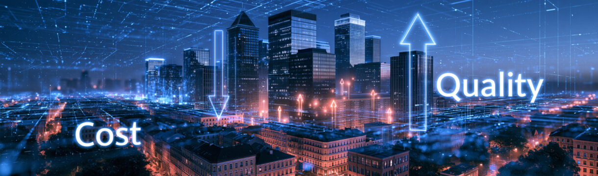 Urban Business Growth: Skyscrapers and city lights symbolize rising quality and decreasing cost, representing a dynamic business environment driven by innovation and efficiency.