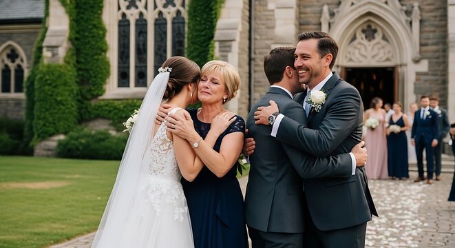 Emotional wedding day moments as bride hugs her mother and groom embraces father outside the church