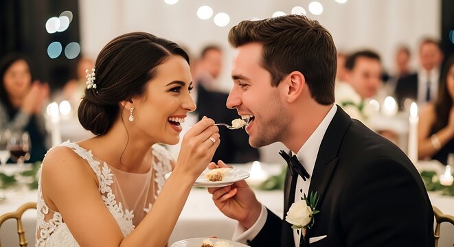 Joyful newlywed couple sharing a sweet moment as the bride feeds cake to her groom at their wedding reception