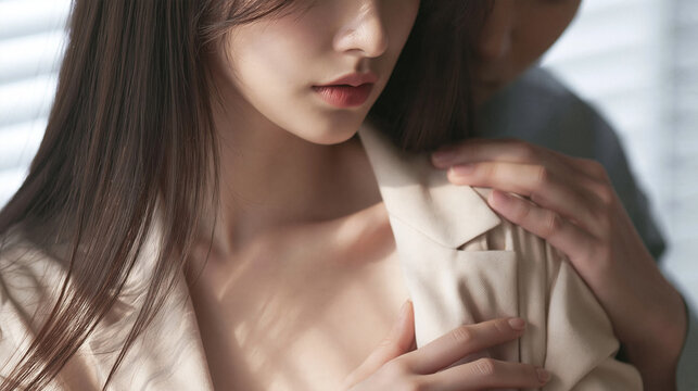 Intimate Embrace: A woman with long, dark hair is tenderly embraced by a man, his hand resting gently on her shoulder, conveying a moment of closeness and affection.