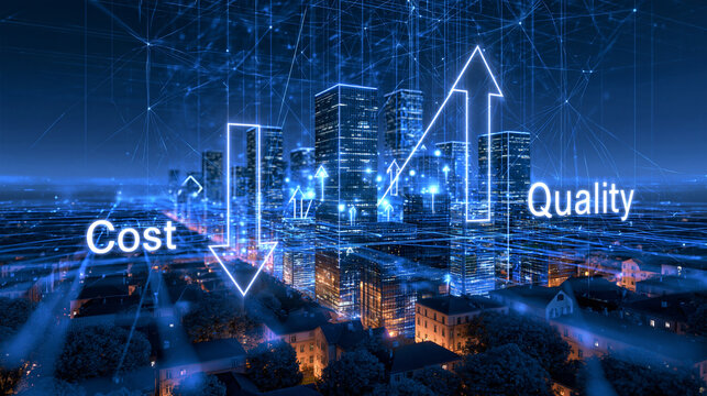 Urban Cost-Quality Balance: An abstract representation of urban development, featuring a city skyline overlaid with digital graphics symbolizing decreasing costs and increasing quality.