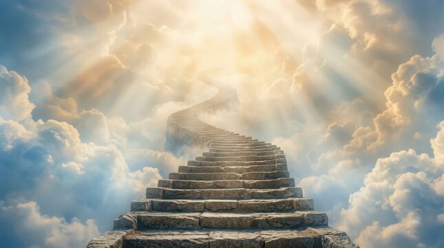Stone Stairway Ascends into Bright, Heavenly Clouds with Sun Rays, Symbolizing Spiritual Journey, Ascension, and Hope. Path to Paradise.